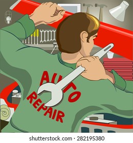 Auto Mechanic Holds a Wrench. An auto repair technician looks under the hood of a red car. The garage and tools are in background. Fixing a car with a large wrench.