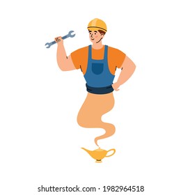 Auto mechanic or house repairman looking like a cartoon genie coming out of oil lantern, cartoon vector illustration isolated on white background. Repair services emblem.