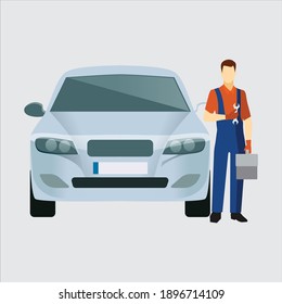 Auto mechanic icons set. Cartoon set of auto mechanic vector icons for web design
Car repair service with professional workers. Vehicle and men in uniform.