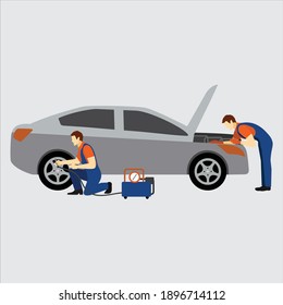 Auto mechanic icons set. Cartoon set of auto mechanic vector icons for web design
Car repair service with professional workers. Vehicle and men in uniform.