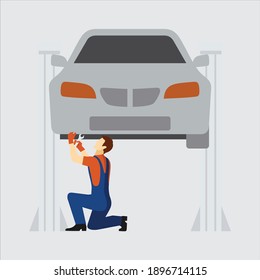 Auto mechanic icons set. Cartoon set of auto mechanic vector icons for web design
Car repair service with professional workers. Vehicle and men in uniform.