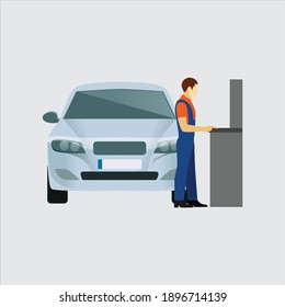 Auto mechanic icons set. Cartoon set of auto mechanic vector icons for web design
Car repair service with professional workers. Vehicle and men in uniform.