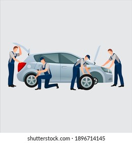 Auto mechanic icons set. Cartoon set of auto mechanic vector icons for web design
Car repair service with professional workers. Vehicle and men in uniform.