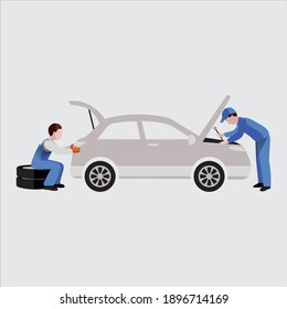 Auto mechanic icons set. Cartoon set of auto mechanic vector icons for web design
Car repair service with professional workers. Vehicle and men in uniform.