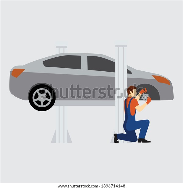 Auto mechanic icons set. Cartoon set\
of auto mechanic vector icons for web design\
Car repair service\
with professional workers. Vehicle and men in\
uniform.