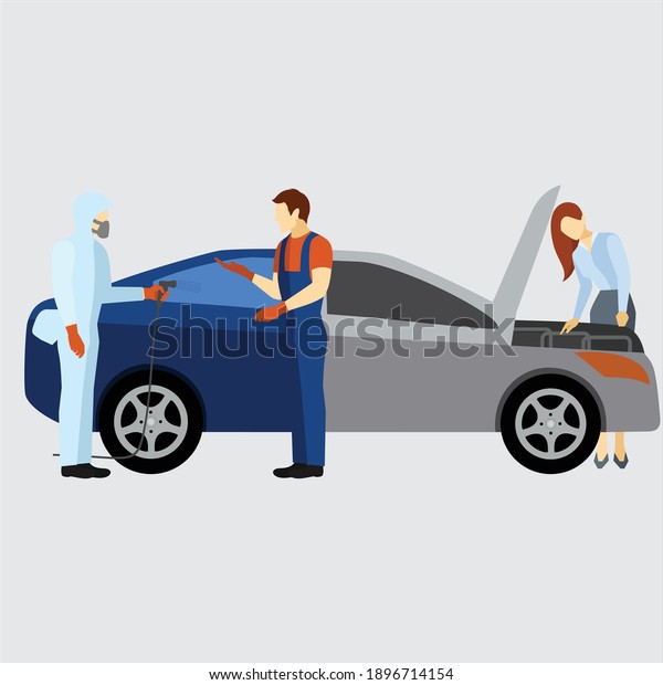 Auto mechanic icons set. Cartoon set\
of auto mechanic vector icons for web design\
Car repair service\
with professional workers. Vehicle and men in\
uniform.