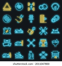 Auto mechanic icons set. Outline set of auto mechanic vector icons neon color on black