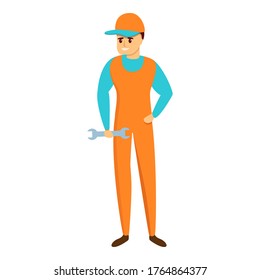 Mecánica automática con icono de clave. Caricatura de mecánico automático con icono clave vectorial para el diseño web aislado en fondo blanco