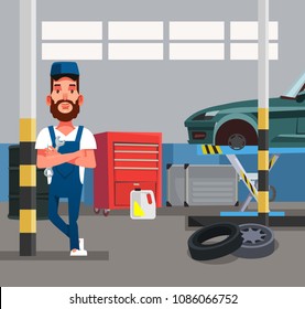 Auto mechanic man worker holding wrench. Car repair diagnostics service garage. Vector flat graphic design cartoon isolated illustration