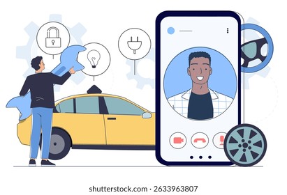 Serviço automático online mecânico. Homem com chave inglesa perto do smartphone e do carro. Consulta mecânica na internet. Reparação e afinação, modernização do carro. Ilustração de vetor linear