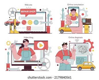 Auto mechanic online service or platform set. Mechanic check a vehicle and repair it. Auto diagnostic and maintenance. Online consultation, diagnosis, video blog, website. Flat vector illustration.