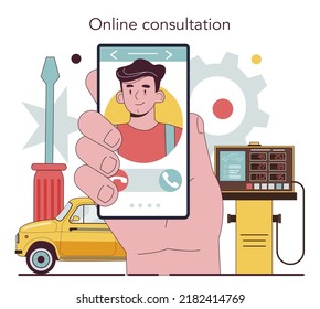 Servicio o plataforma mecánico automático en línea. La mecánica verifica un vehículo y lo repara. Diagnóstico y mantenimiento automático. Consulta en línea. Ilustración vectorial plana.