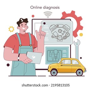 Auto mechanic online service or platform. Mechanic check a vehicle and repair it. Auto diagnostic and maintenance. Online diagnosis. Flat vector illustration.