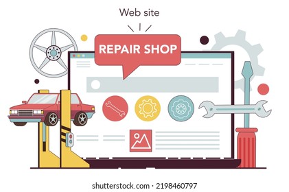 Auto mechanic online service or platform. Mechanic check a vehicle and repair it. Auto diagnostic and maintenance. Website. Flat vector illustration.