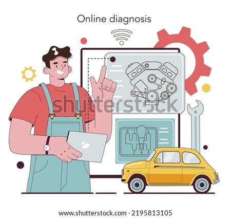 Auto mechanic online service or platform. Mechanic check a vehicle and repair it. Auto diagnostic and maintenance. Online diagnosis. Flat vector illustration.