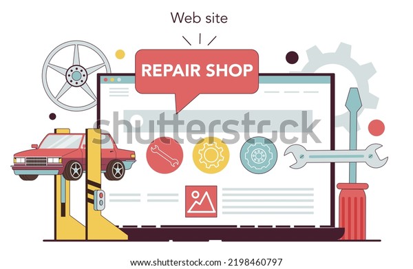Auto mechanic online service or platform.\
Mechanic check a vehicle and repair it. Auto diagnostic and\
maintenance. Website. Flat vector\
illustration.