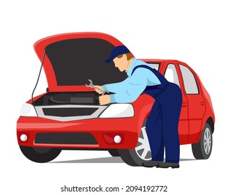 Auto mechanic opened the hood and repairs the car. Wrench in his hand. Car service. Vector Illustration in flat style on white background.