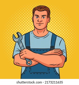 auto mechanic plumber with wrench pop art retro vector illustration. Comic book style imitation.