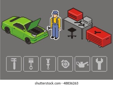 Auto mechanic repair a car. Vector isometric illustration.