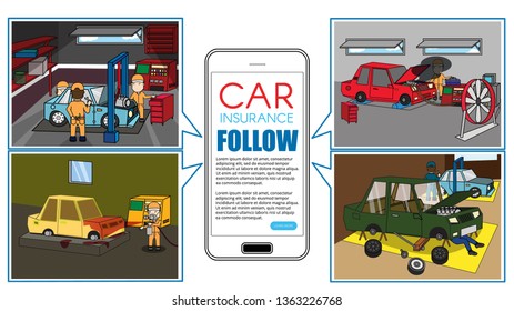 Auto mechanic repair and fix and service station. Flat vector concept.