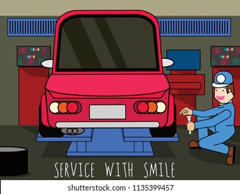 Auto mechanic in repair service center with car and working tools flat vector illustration