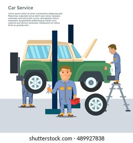 Auto mechanic in repair service center with car and working tools flat design. Vector illustration