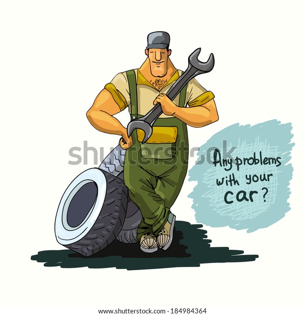 Auto mechanic repair service worker with\
wrench and tires poster vector\
illustration
