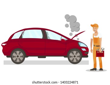 Auto Mechanic Repairing Car Flat Illustration. Vehicle Maintenance Service, Automobile in Workshop. Broken Transport. Young Male Technician Cartoon Character Holding Tool, Instruments Box
