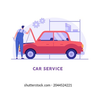 Auto mechanic repairing and checking the broken car with a wrench in a garage. Concept of car repair, vehicle inspection, auto service. Vector illustration in flat design.