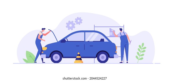 Auto mechanic repairing and checking the broken car with a wrench in a garage. Concept of car repair, vehicle inspection, auto service. Vector illustration in flat design.