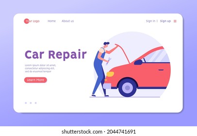 Auto mechanic repairing and checking the broken car with a wrench in a garage. Concept of car repair, vehicle inspection, auto service. Vector illustration in flat design.