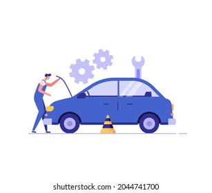 Auto mechanic repairing and checking the broken car with a wrench in a garage. Concept of car repair, vehicle inspection, auto service. Vector illustration in flat design.