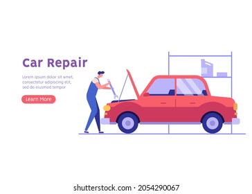 Auto mechanic repairing and checking the broken car with a wrench in a garage. Concept of car repair, vehicle inspection, auto service. Vector illustration in flat design.
