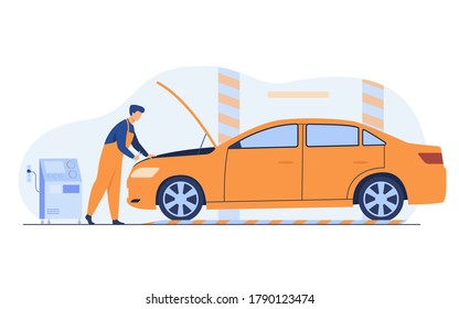 Auto mechanic repairing vehicle engine isolated flat vector illustration. Cartoon man fixing or checking car with open hood in garage. Service and maintenance concept