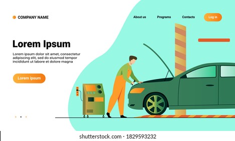 Automechanische Reparatur des Fahrzeugmotors einzeln auf flacher Vektorgrafik. Cartoon-Mann, der Auto mit offener Motorhaube in der Garage befestigt oder überprüft. Service- und Instandhaltungskonzept