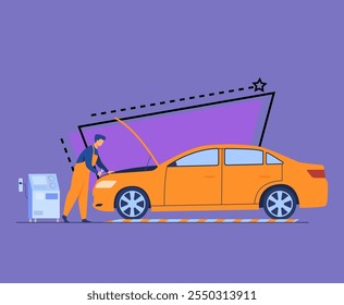 Ilustração vetorial plana isolada do motor do veículo de reparação mecânica automática. Homem de desenhos animados consertando ou verificando carro com capuz aberto na garagem. Conceito de serviço e manutenção