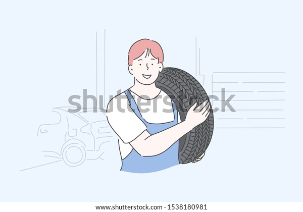 Auto\
mechanic, repairman, transport maintenance service concept. Man in\
blue uniform working at car service center, tire fitting, changing\
wheel, repairing vehicles. Simple flat\
vector