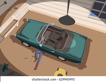 Auto mechanic repairs his car in the garage