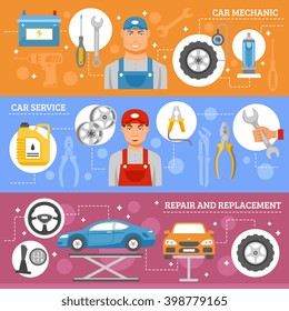 Auto mechanic service 3 flat horizontal banners set with car repair wheels replacement abstract isolated vector illustration