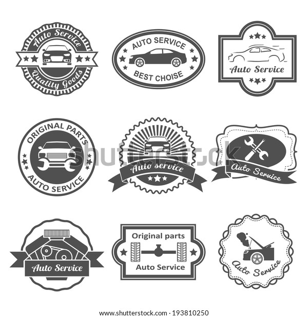 Auto mechanic service black\
labels best choice quality goods set isolated vector\
illustration