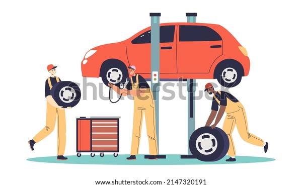 Auto mechanic service center staff changing\
tire for balancing car. Assembling garage workers mounting vehicle.\
Cartoon flat vector\
illustration