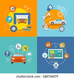 Auto Mechanic Service Flat Icons Of Maintenance Car Repair And Working Isolated Vector Illustration