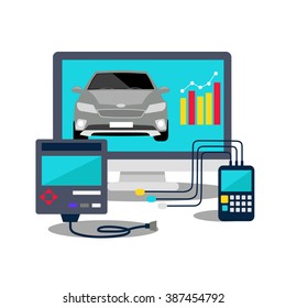 Auto mechanic service flat icons of maintenance car repair. Auto service concept. Car service diagnostics. Computers are used to communicate with auto electronics