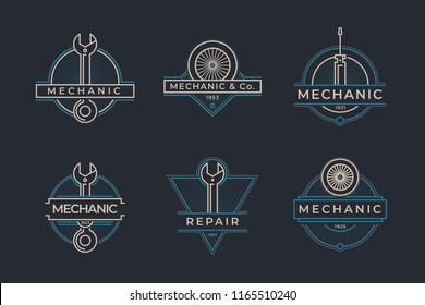 Auto mechanic service. Mechanic service logo set. Repair service auto mechanic logos. Car vintage vector logo set. Vector illustration.