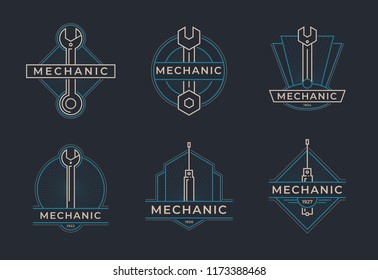 Auto mechanic service. Mechanic service logo set. Repair service auto mechanic logos. Car vintage vector logo set. Vector illustration.