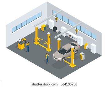 Auto mechanic service. Service station. Flat icons of maintenance car repair and working.  Isolated vector isometric illustration