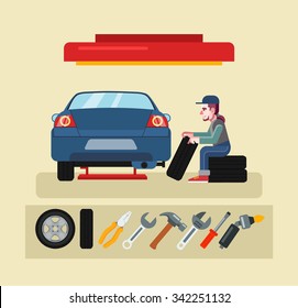 Auto mechanic service. Vector flat illustration