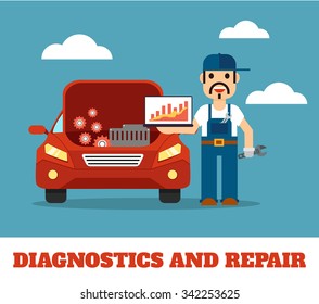 Auto mechanic service. Vector flat illustration