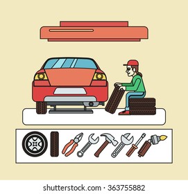 Auto mechanic service. Vector flat line illustration