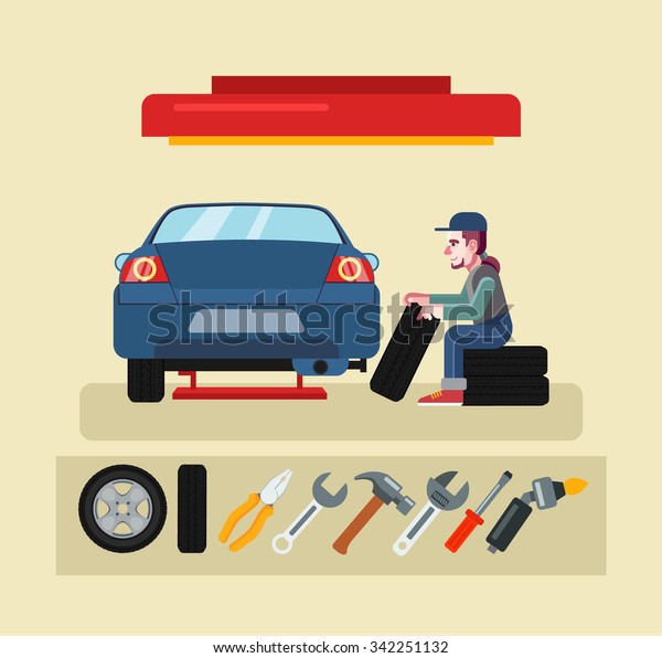 Auto mechanic\
service. Vector flat\
illustration
